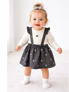 H&M Baby Girl Outfit 12M Heart Suspender‎ Skirt Set Cream Black Cute